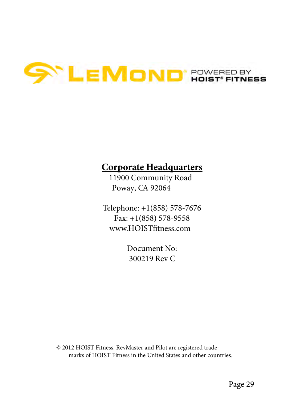 Corporate headquarters | LeMond RevMaster Pilot User Manual | Page 29 / 29