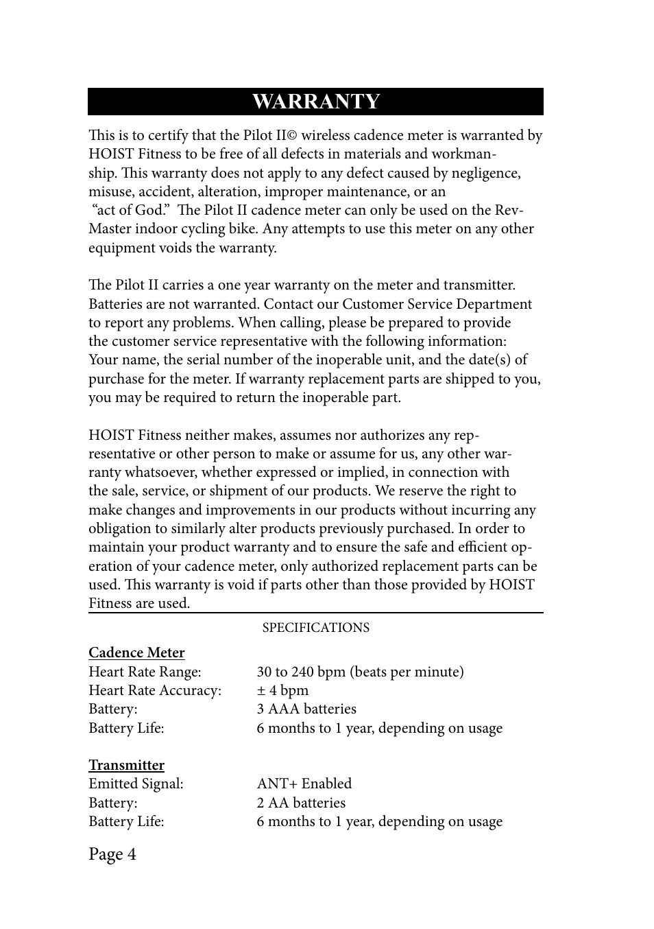 Warranty, Page 4 | LeMond RevMaster Pilot User Manual | Page 4 / 29
