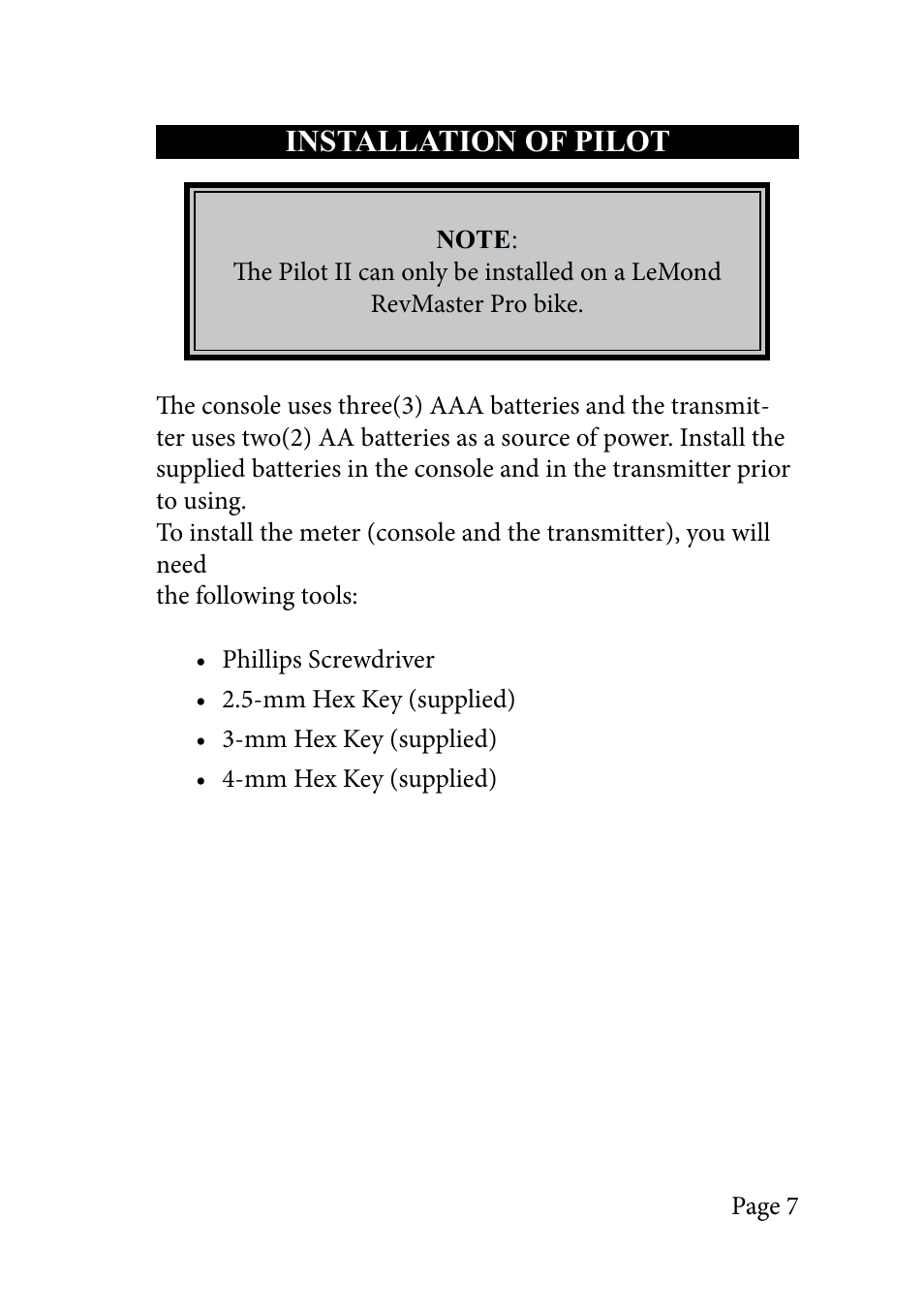 Installation of pilot | LeMond RevMaster Pilot User Manual | Page 7 / 29