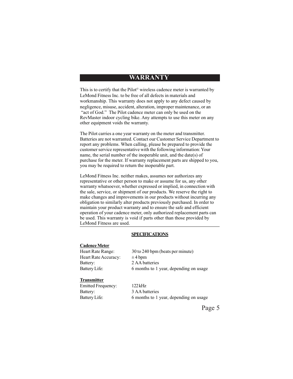 Page 5, Warranty | LeMond RevMaster Pilot User Manual | Page 5 / 29