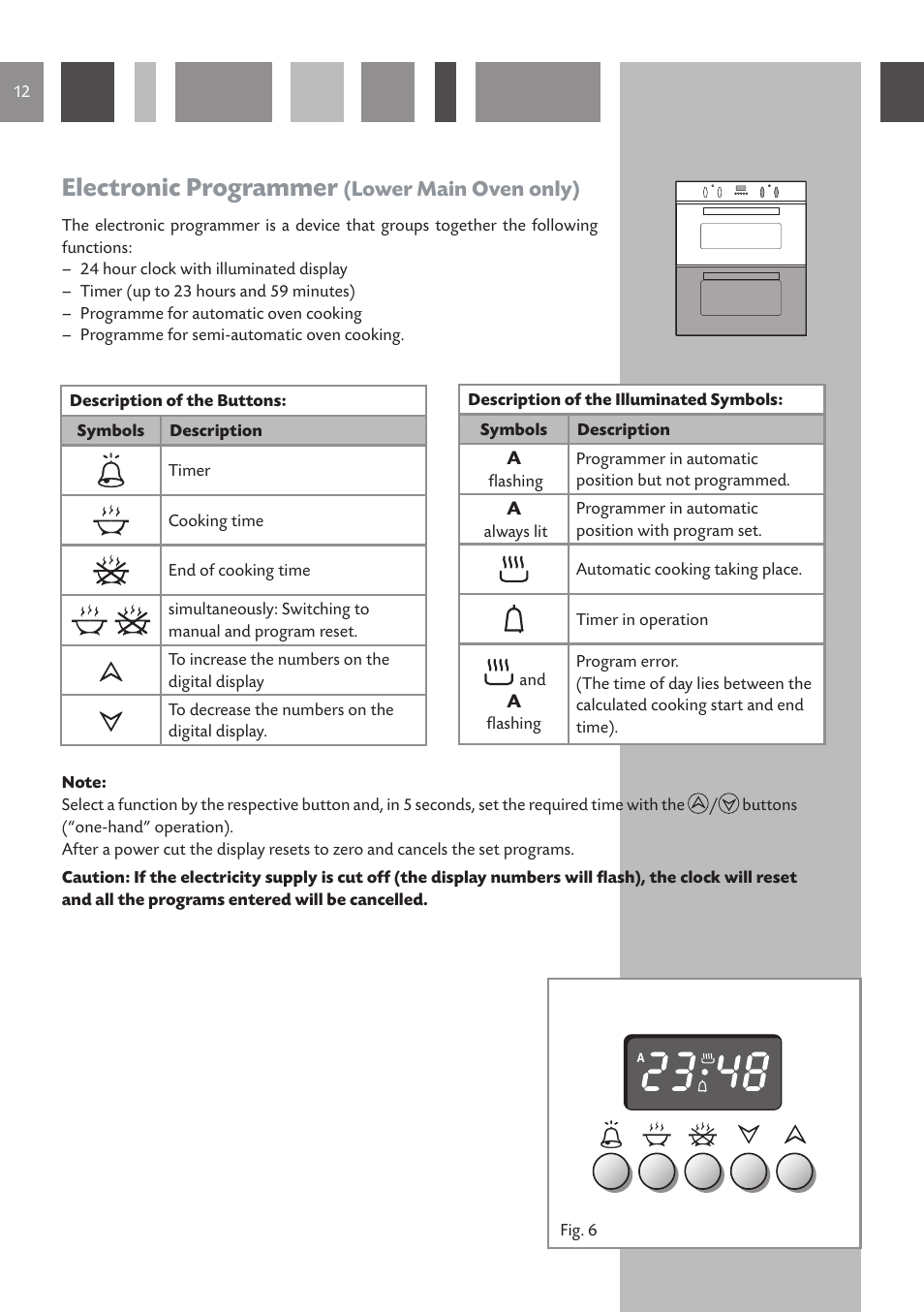 Electronic programmer, Lower main oven only) | CDA DC730 User Manual | Page 12 / 36