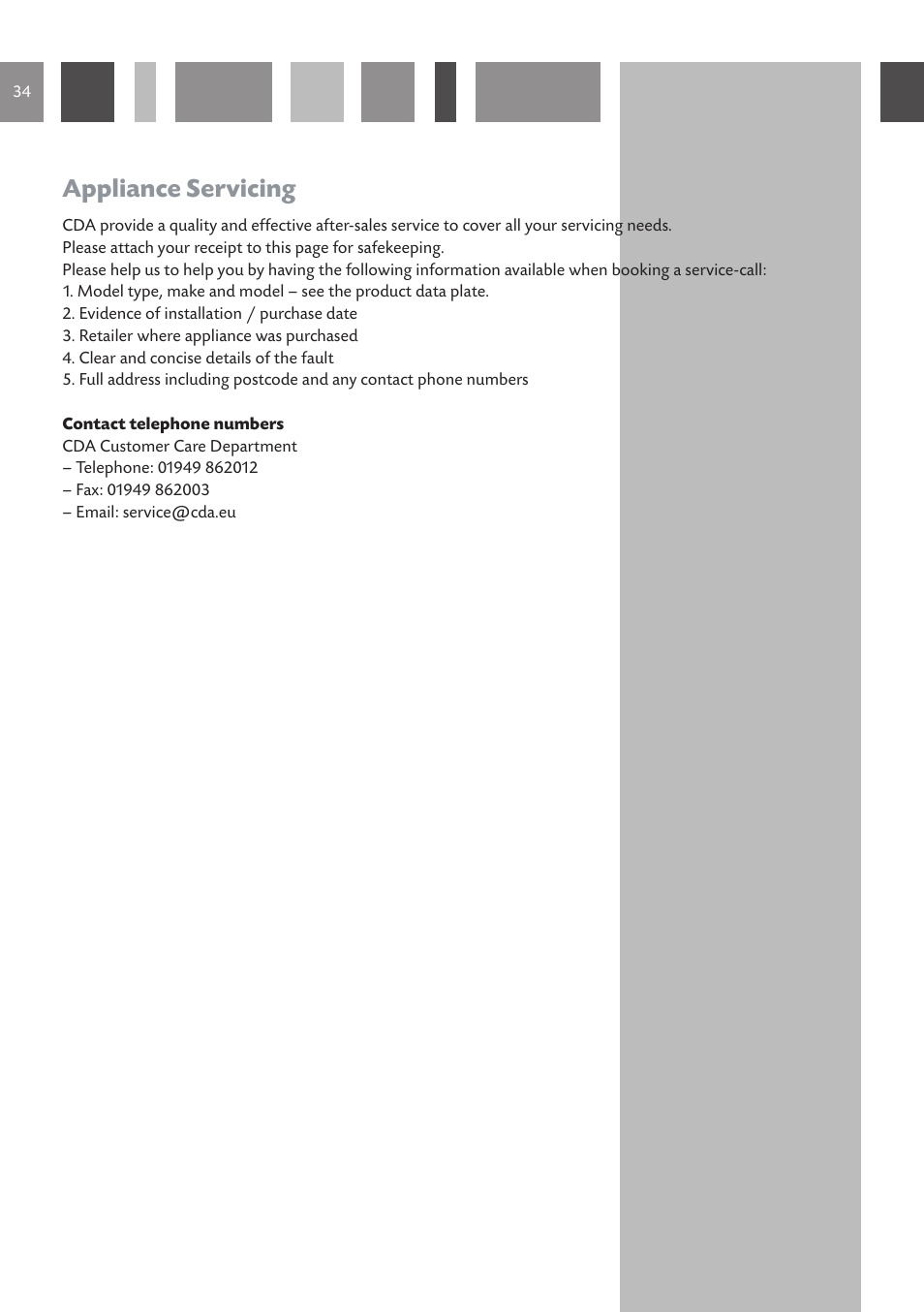 Appliance servicing | CDA DC730 User Manual | Page 34 / 36