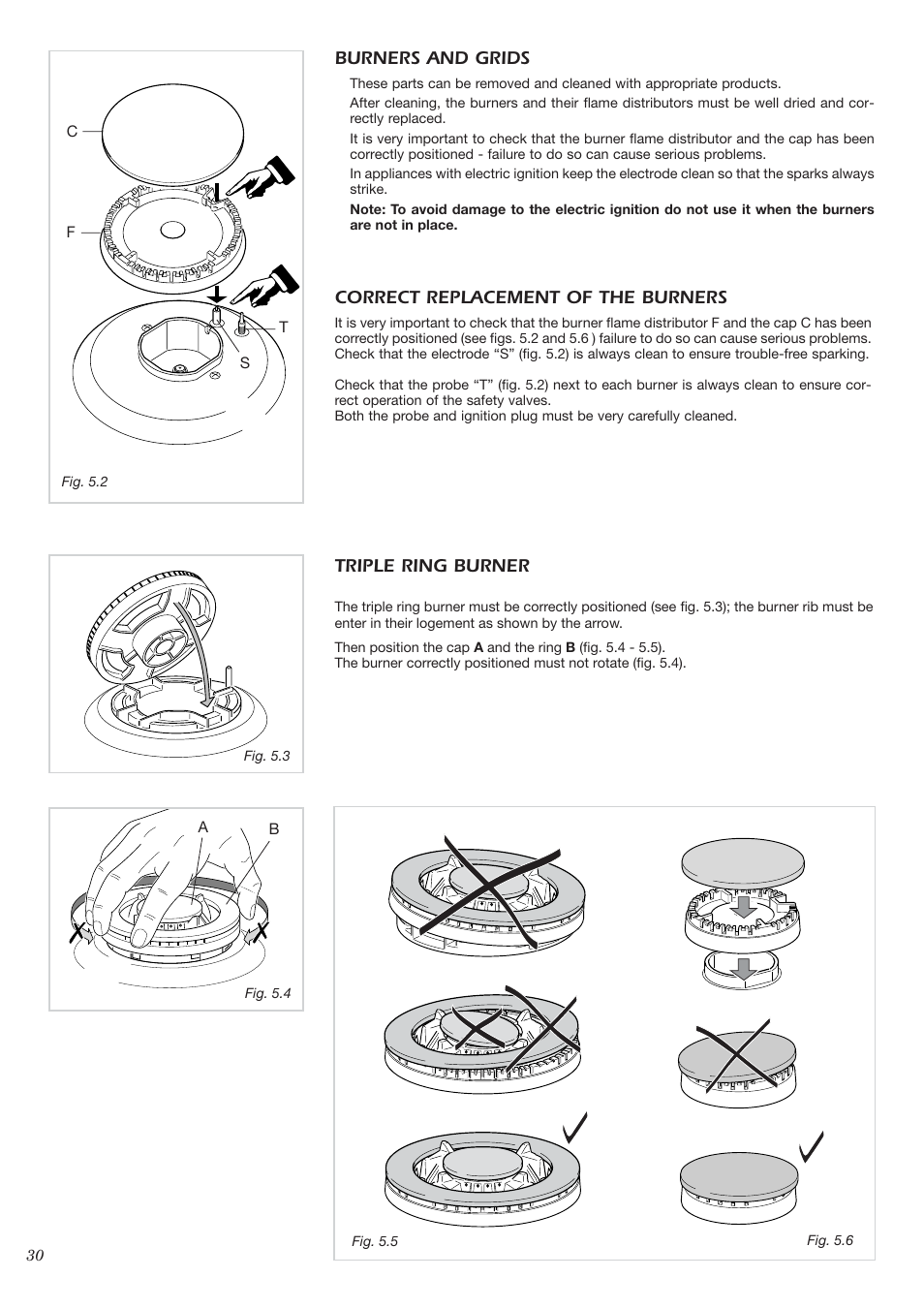 Burners and grids, Correct replacement of the burners, Triple ring burner | CDA HCC360 User Manual | Page 11 / 21