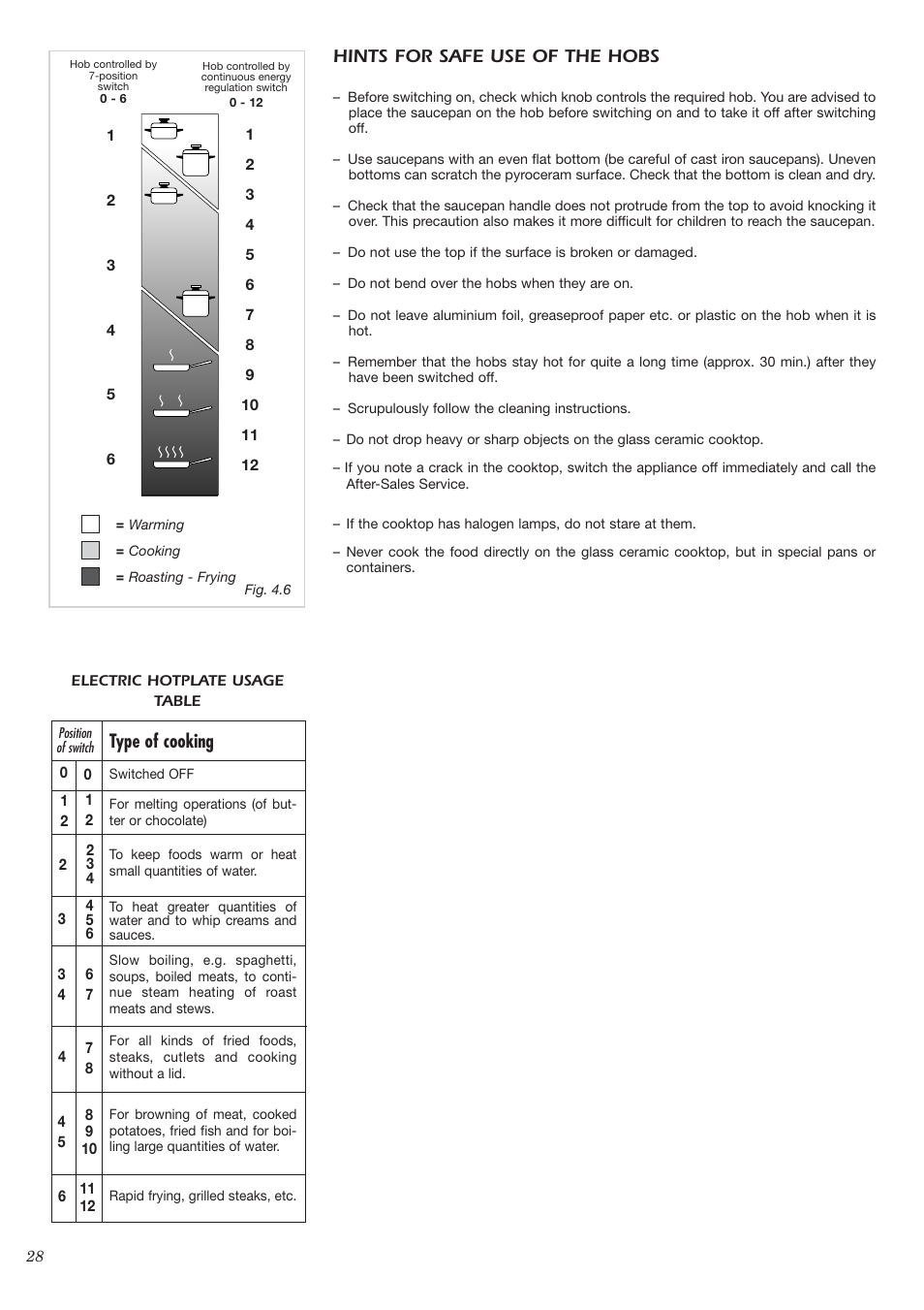 Hints for safe use of the hobs, Type of cooking | CDA HCC360 User Manual | Page 9 / 21