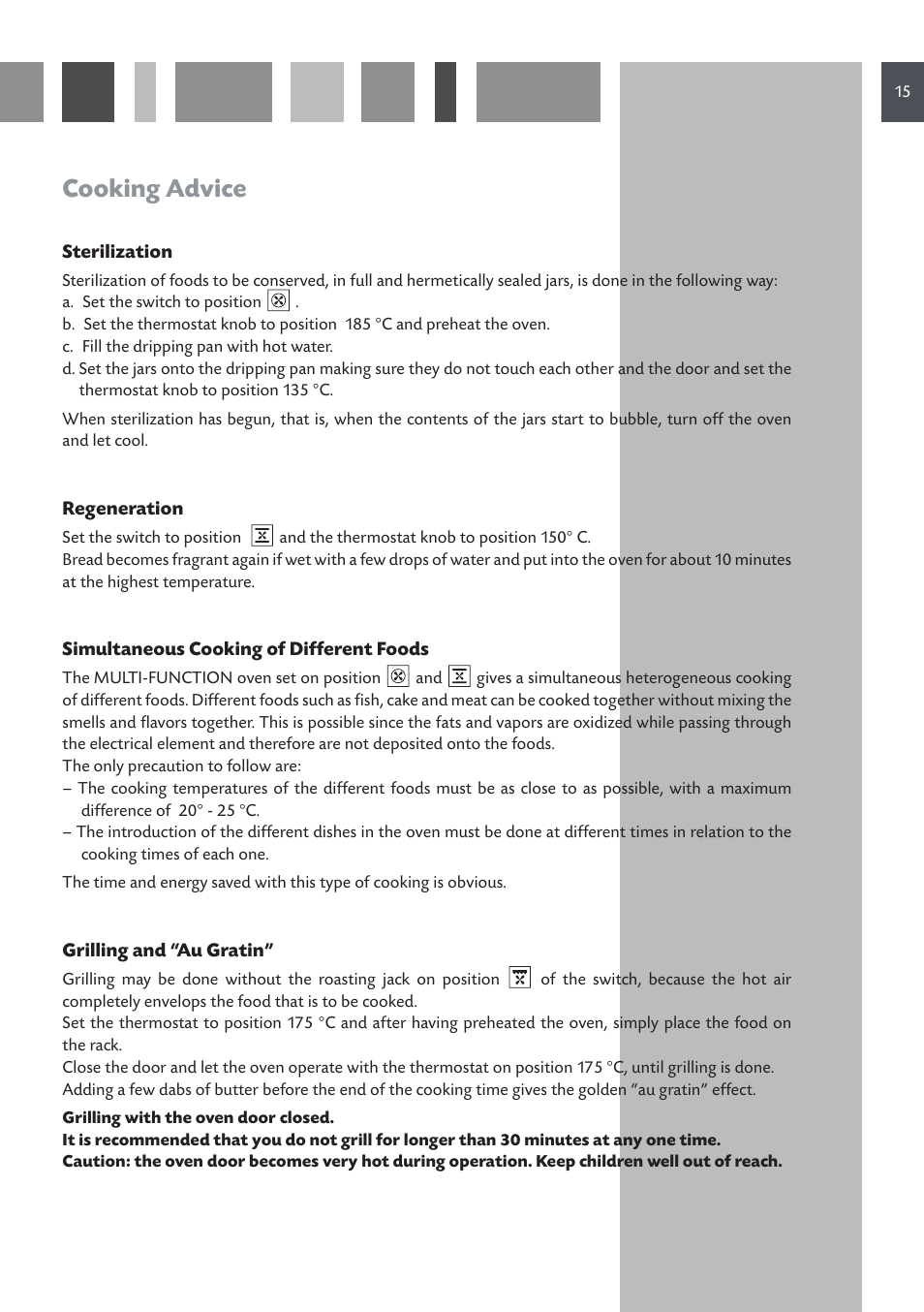 Cooking advice | CDA DUAL FUEL COOKERS RC 9021 User Manual | Page 15 / 44