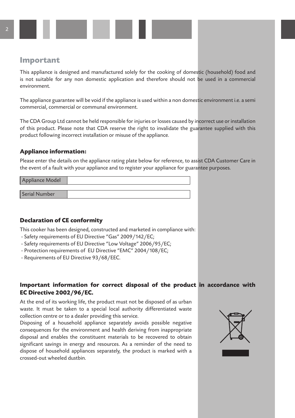 Important | CDA DUAL FUEL COOKERS RC 9021 User Manual | Page 2 / 44