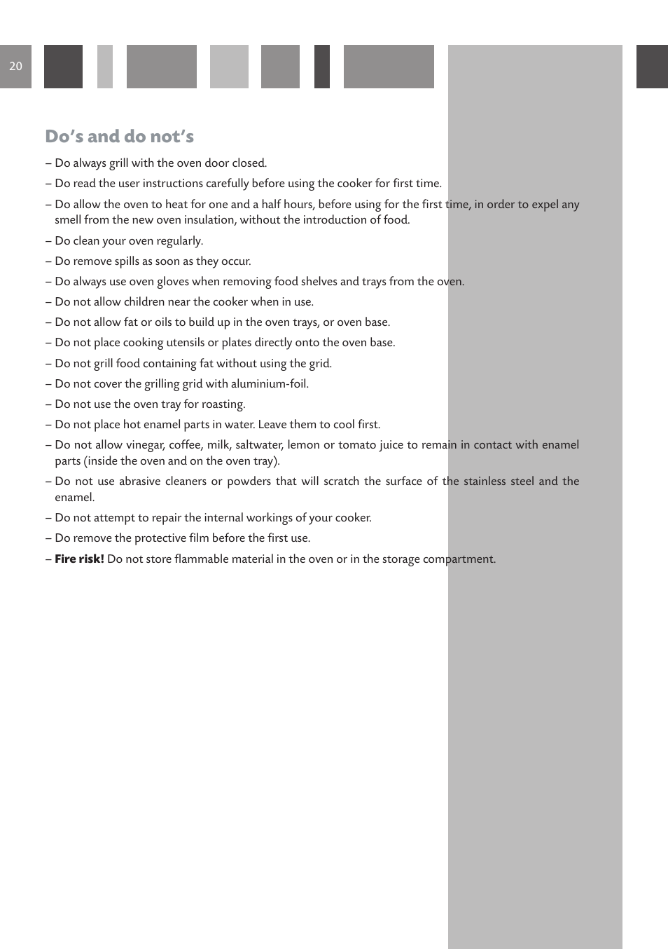 Do’s and do not’s | CDA DUAL FUEL COOKERS RC 9021 User Manual | Page 20 / 44