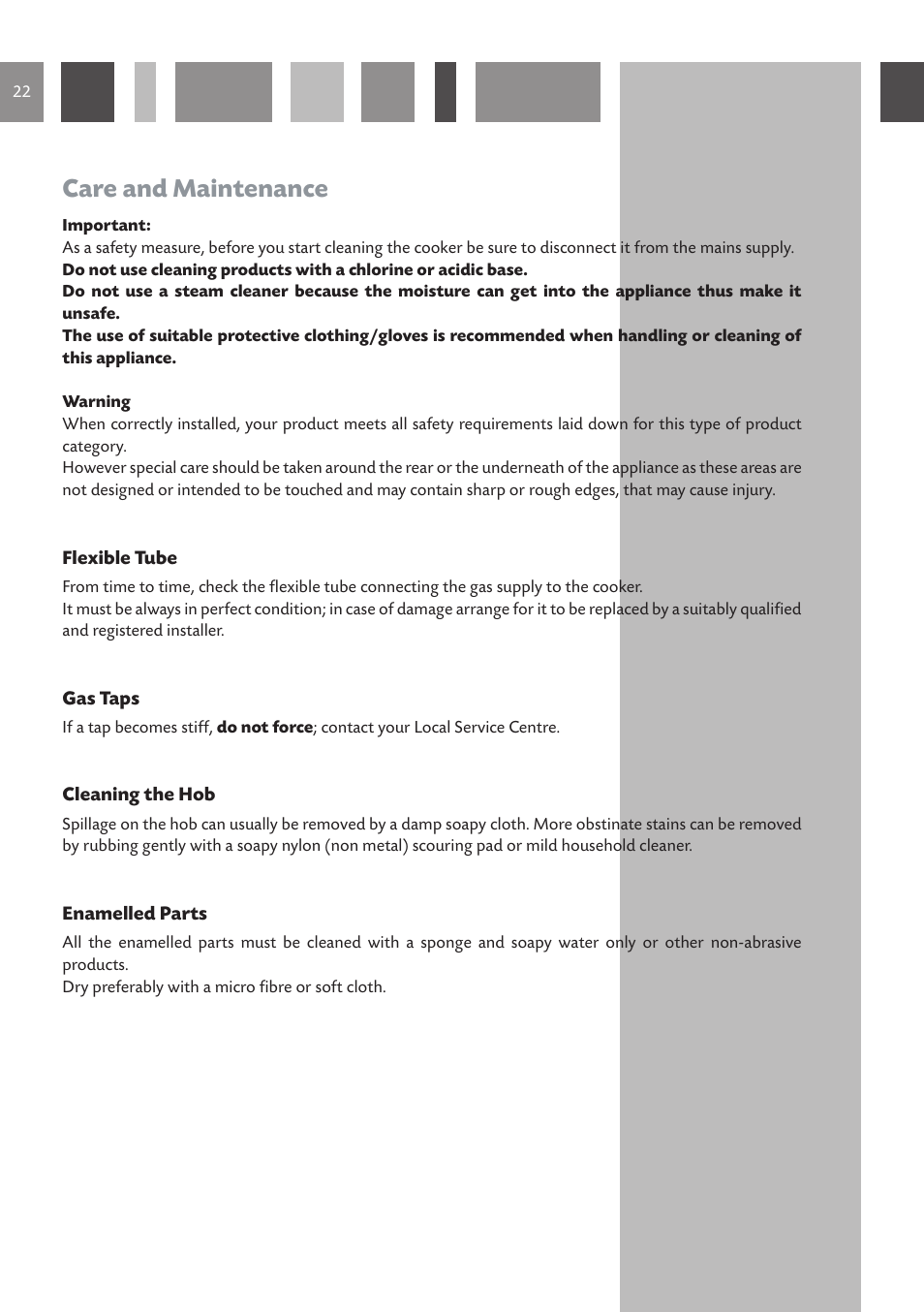 Care and maintenance | CDA DUAL FUEL COOKERS RC 9021 User Manual | Page 22 / 44