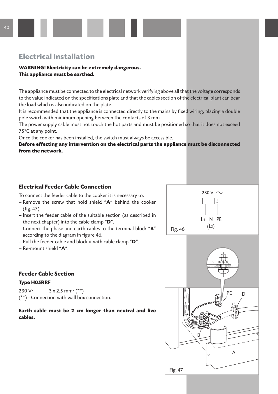 Electrical installation | CDA DUAL FUEL COOKERS RC 9021 User Manual | Page 40 / 44