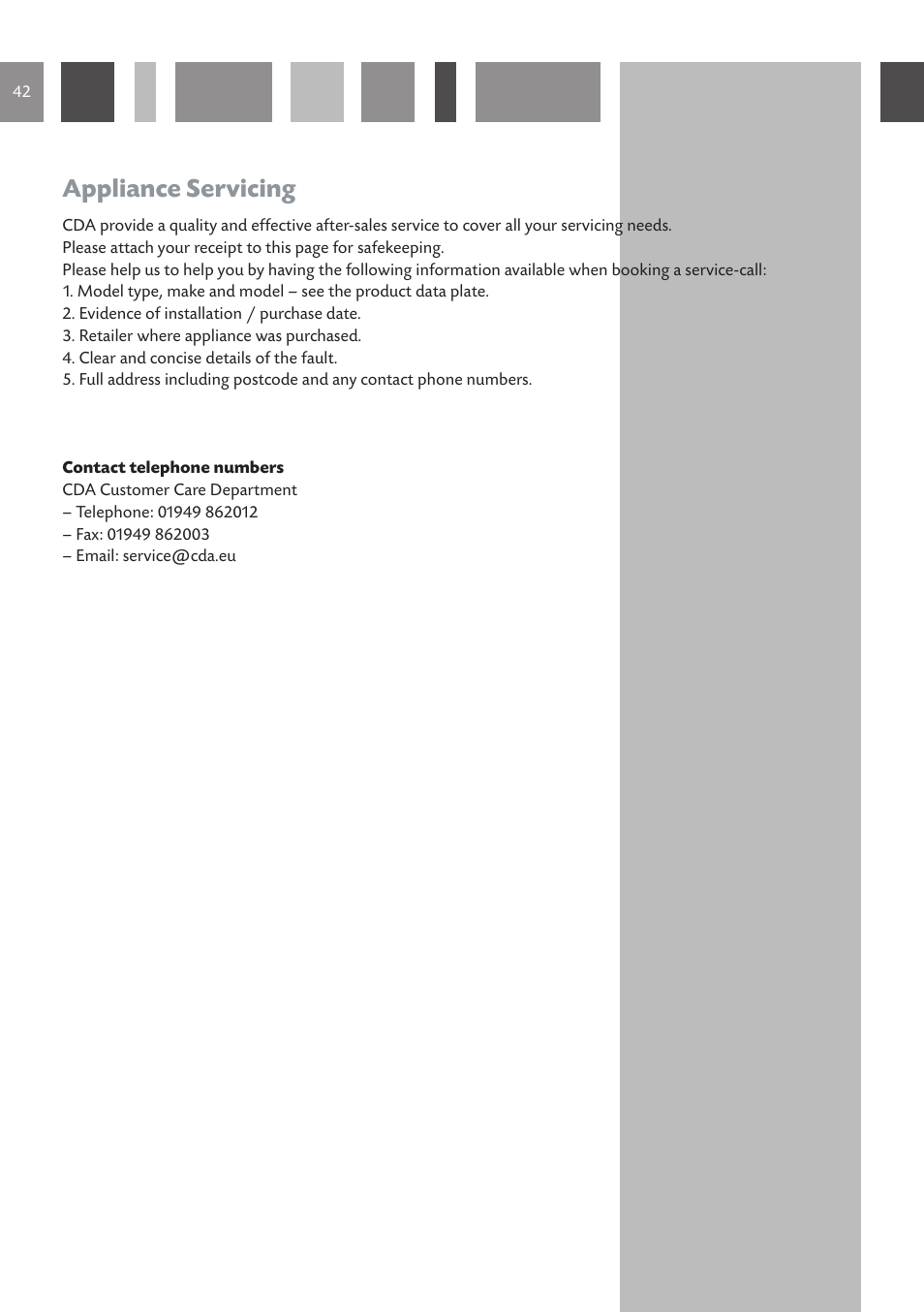 Appliance servicing | CDA DUAL FUEL COOKERS RC 9021 User Manual | Page 42 / 44