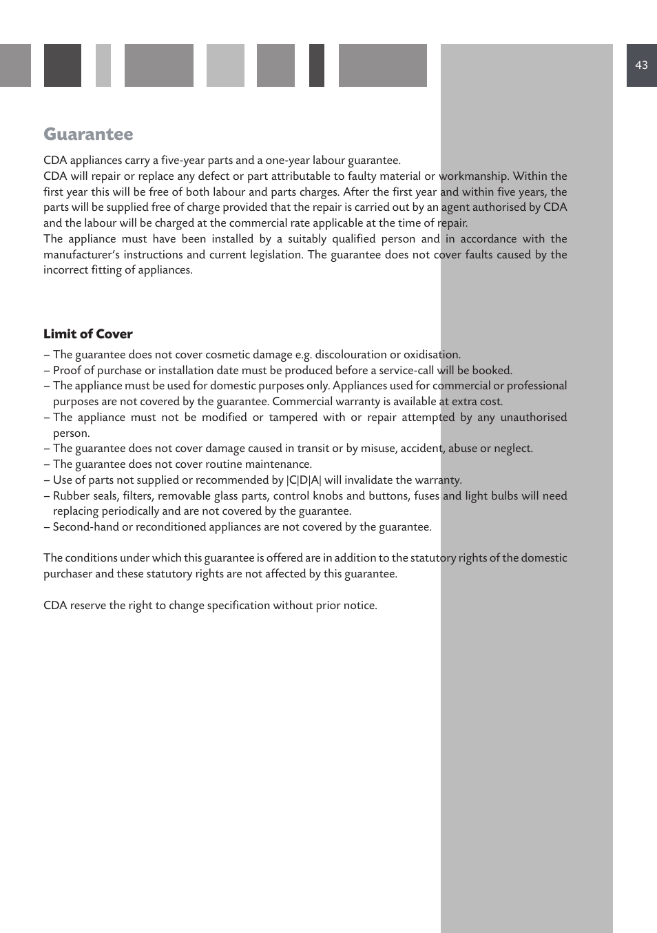 Guarantee | CDA DUAL FUEL COOKERS RC 9021 User Manual | Page 43 / 44