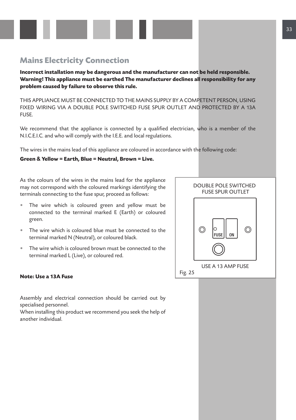 Mains electricity connection | CDA SV 210 User Manual | Page 33 / 36