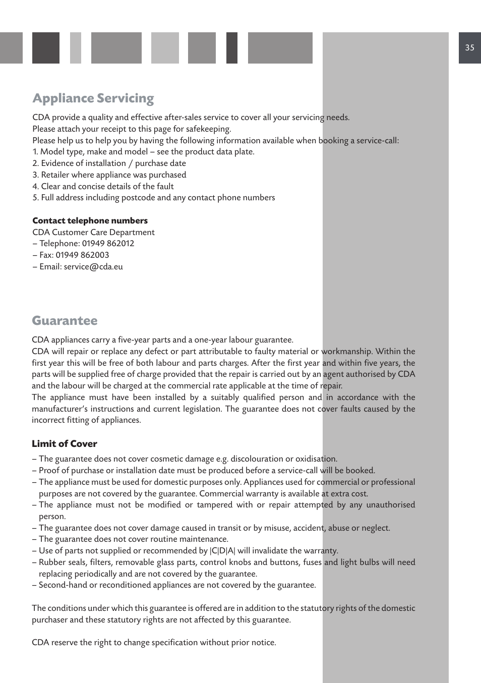 Appliance servicing, Guarantee | CDA SV 210 User Manual | Page 35 / 36