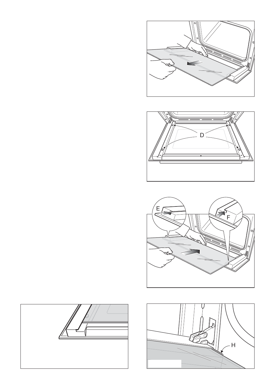 Oven doors - removing the inner pane of glass, Removing the inner pane, Reassembling the inner pane | CDA RV 1000 User Manual | Page 29 / 52