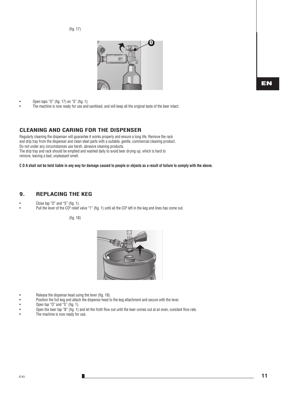 11 en, Cleaning and caring for the dispenser, Replacing the keg | CDA BVB4 User Manual | Page 9 / 9