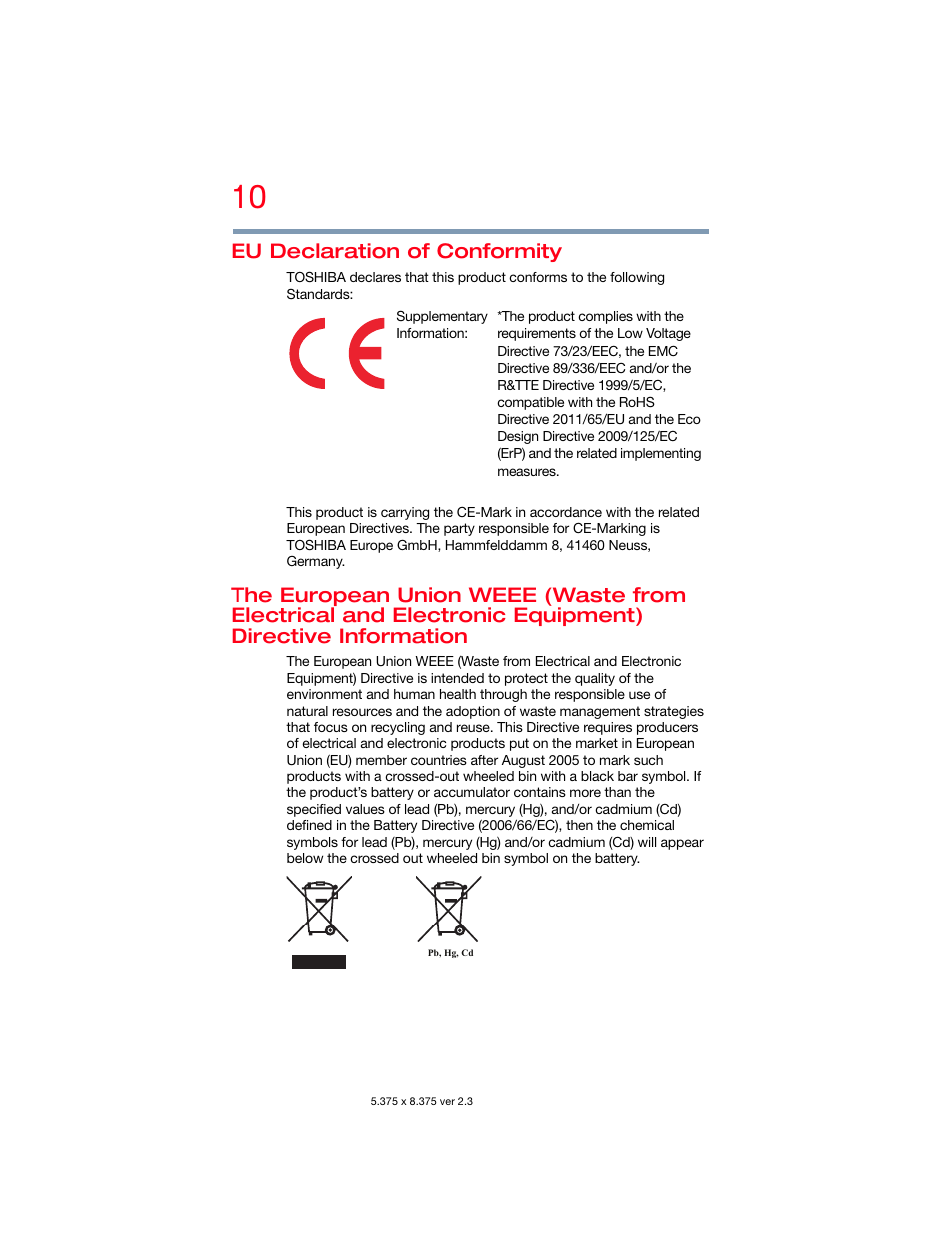 Eu declaration of conformity | Toshiba DynaPad WT12PE-A64 User Manual | Page 10 / 177