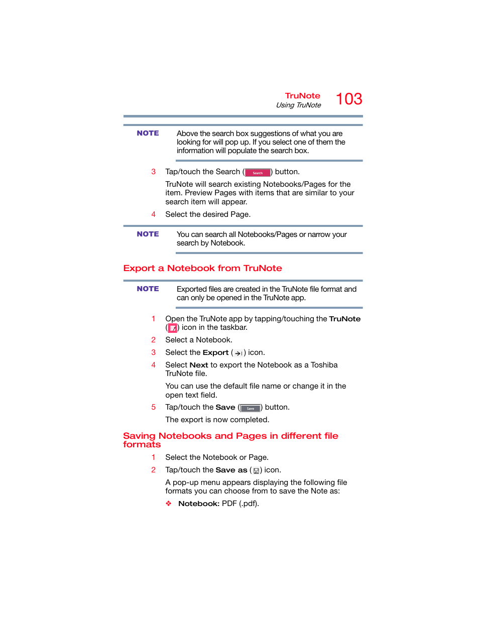 Export a notebook from trunote, File formats | Toshiba DynaPad WT12PE-A64 User Manual | Page 103 / 177