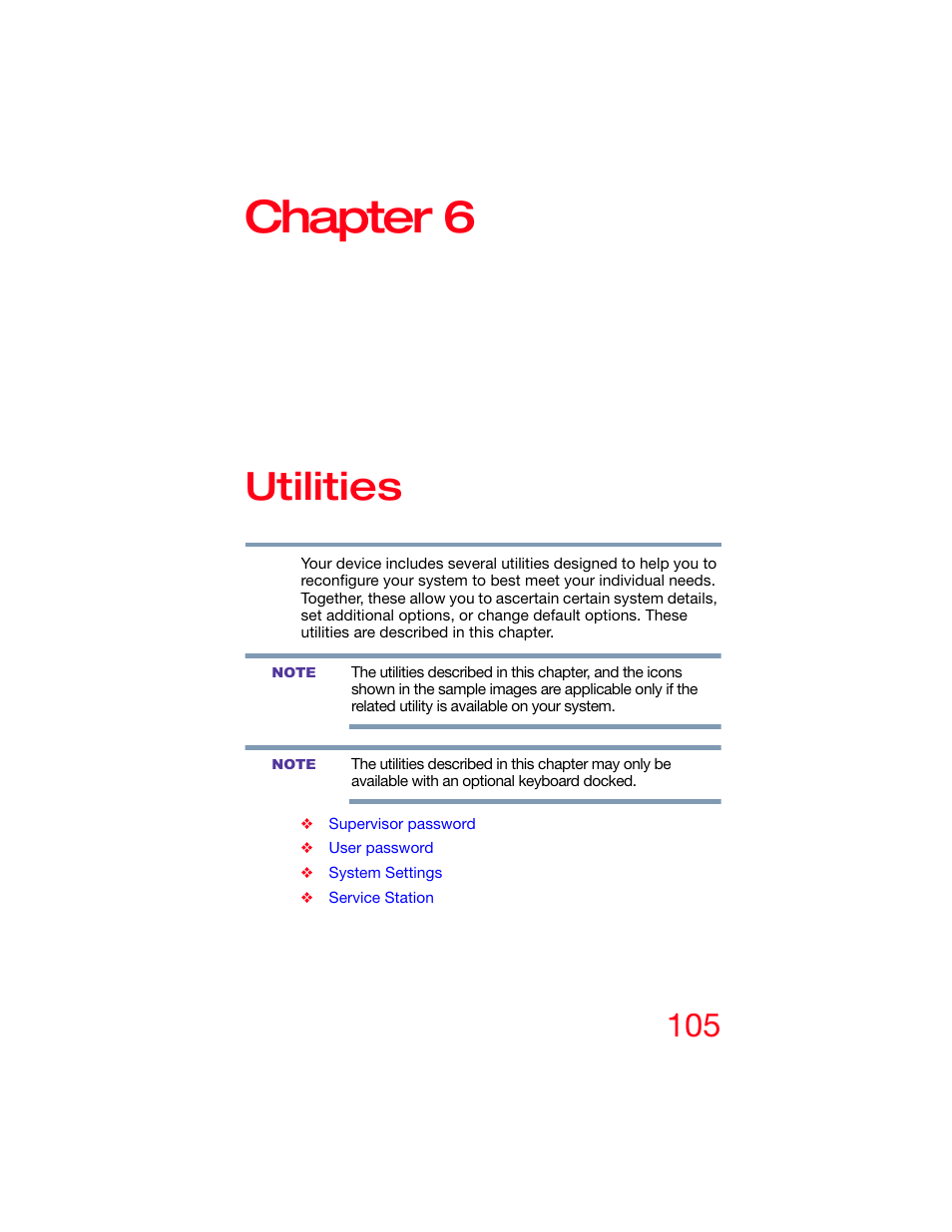 Chapter 6: utilities, Chapter 6, Utilities | Toshiba DynaPad WT12PE-A64 User Manual | Page 105 / 177