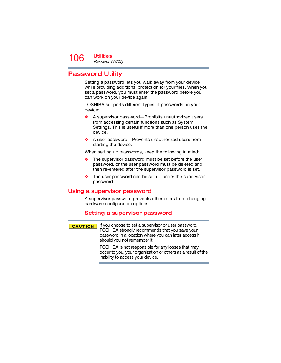 Password utility, Using a supervisor password, Supervisor password | Toshiba DynaPad WT12PE-A64 User Manual | Page 106 / 177