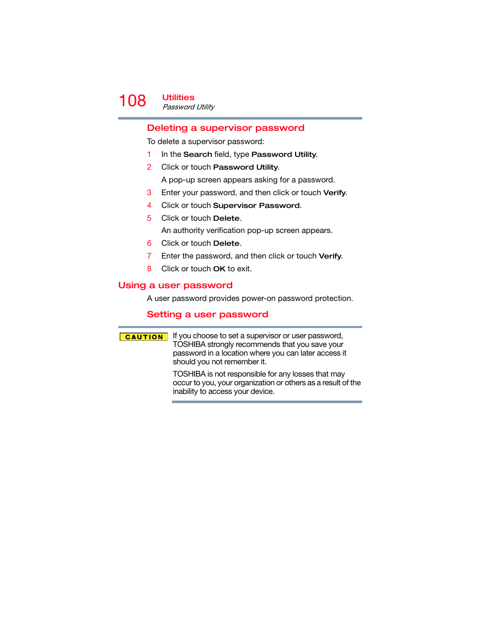 Using a user password, User password | Toshiba DynaPad WT12PE-A64 User Manual | Page 108 / 177