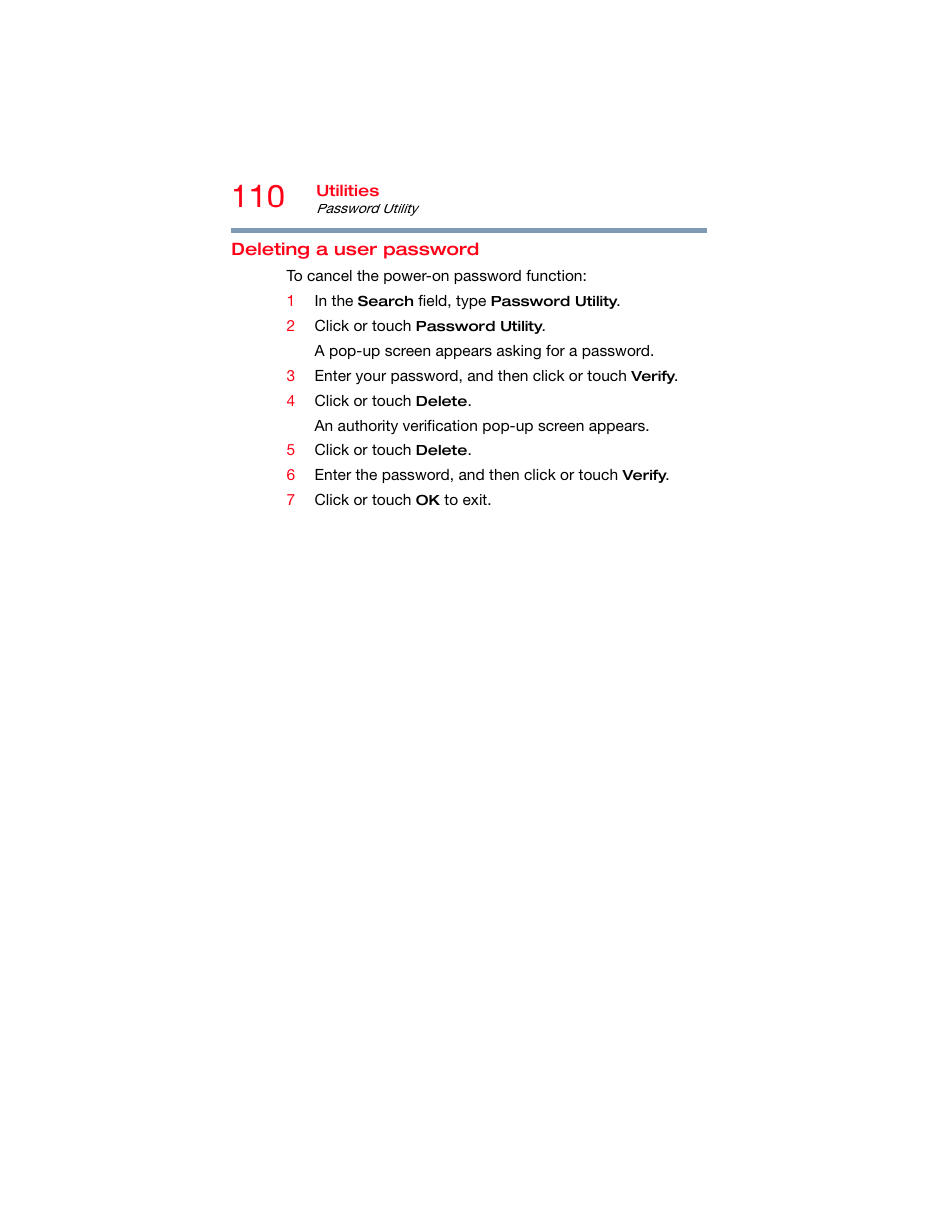 Deleting a user password | Toshiba DynaPad WT12PE-A64 User Manual | Page 110 / 177