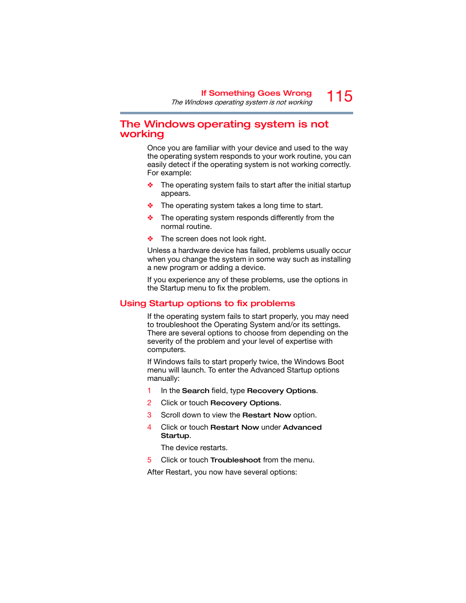 The windows operating system is not working, Using startup options to fix problems, The windows operating system is not | Working using startup options to fix problems, The windows, Operating system is not working | Toshiba DynaPad WT12PE-A64 User Manual | Page 115 / 177