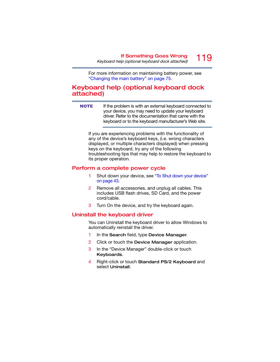 Keyboard help (optional keyboard dock attached), Perform a complete power cycle, Uninstall the keyboard driver | Keyboard help (optional keyboard dock | Toshiba DynaPad WT12PE-A64 User Manual | Page 119 / 177