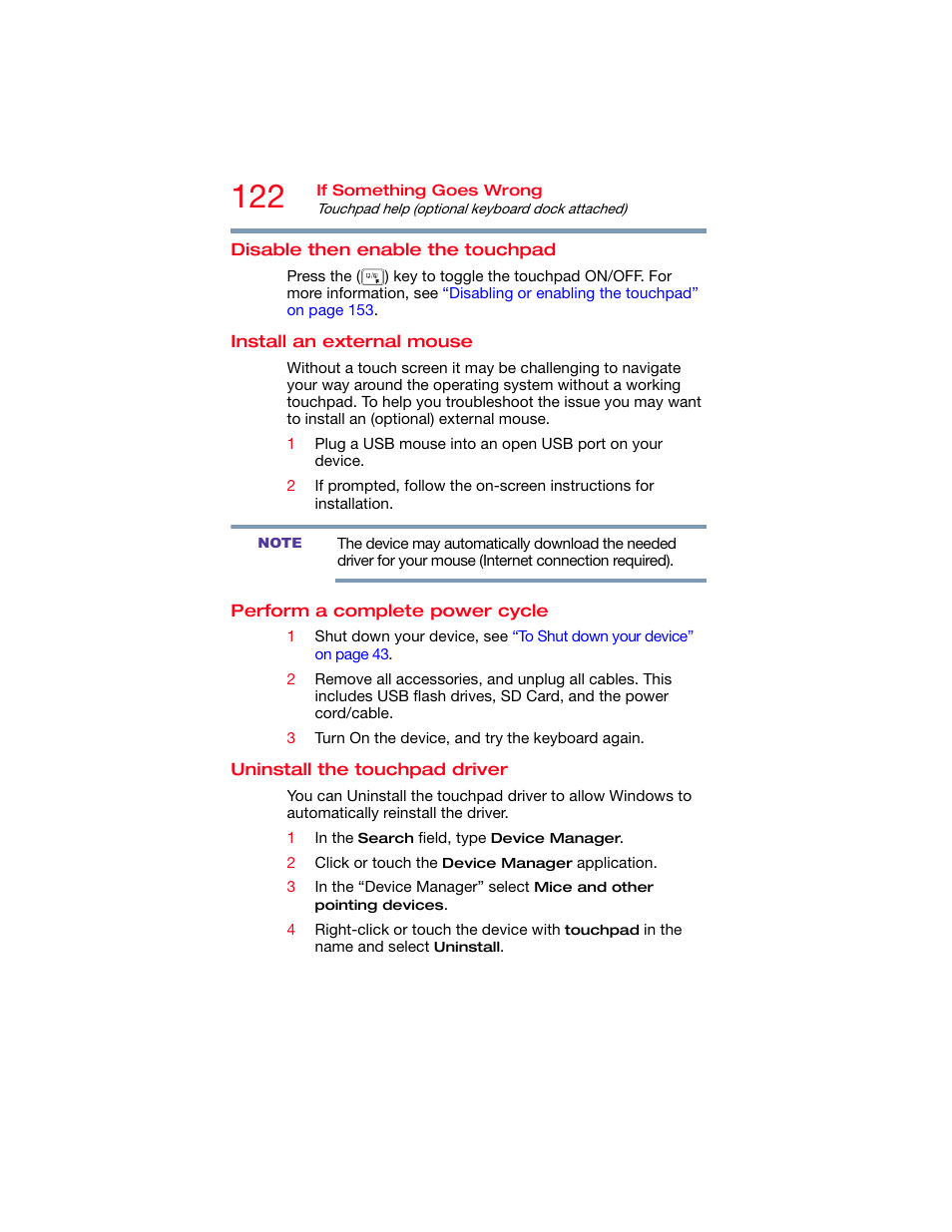 Disable then enable the touchpad, Install an external mouse, Perform a complete power cycle | Uninstall the touchpad driver | Toshiba DynaPad WT12PE-A64 User Manual | Page 122 / 177