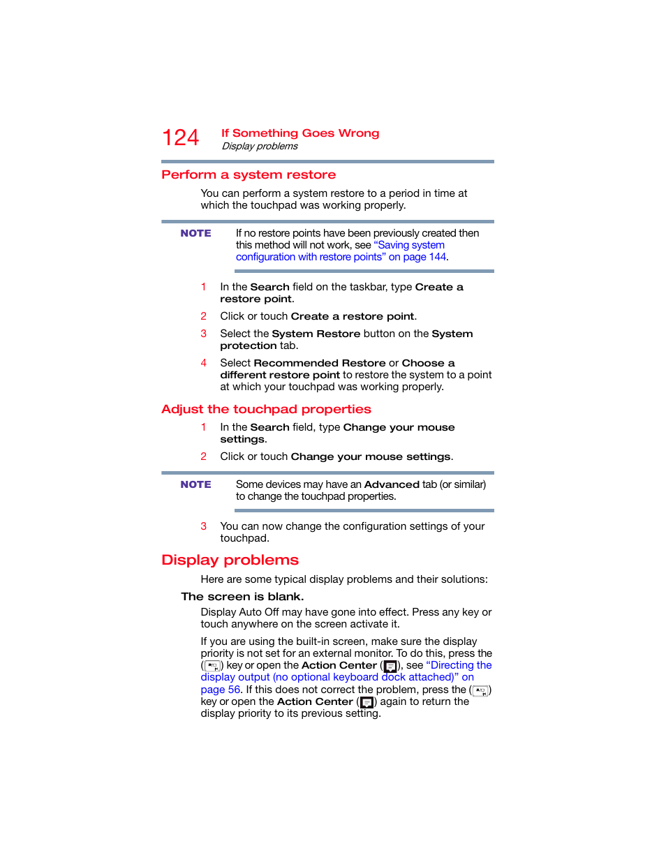 Perform a system restore, Adjust the touchpad properties, Display problems | Toshiba DynaPad WT12PE-A64 User Manual | Page 124 / 177