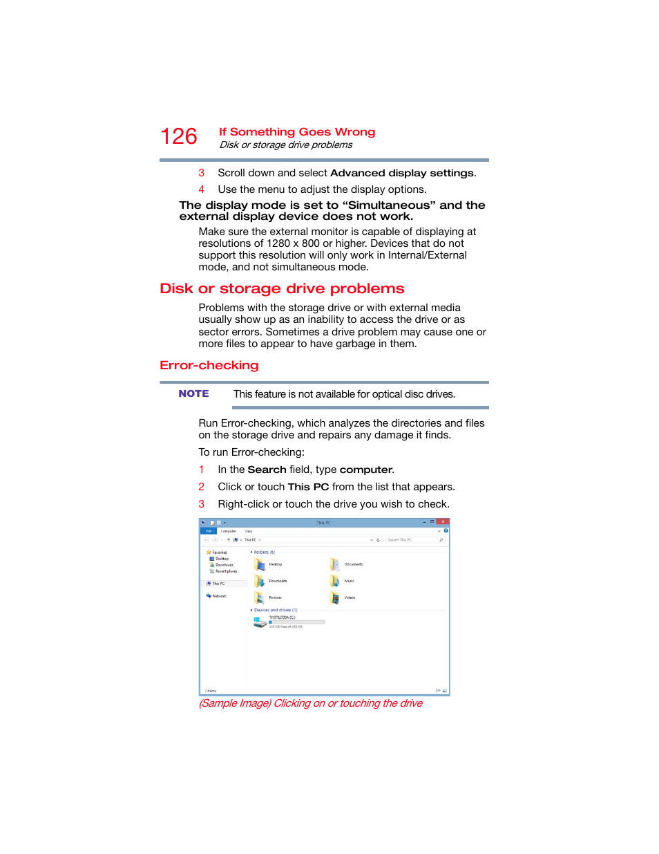 Disk or storage drive problems, Error-checking | Toshiba DynaPad WT12PE-A64 User Manual | Page 126 / 177