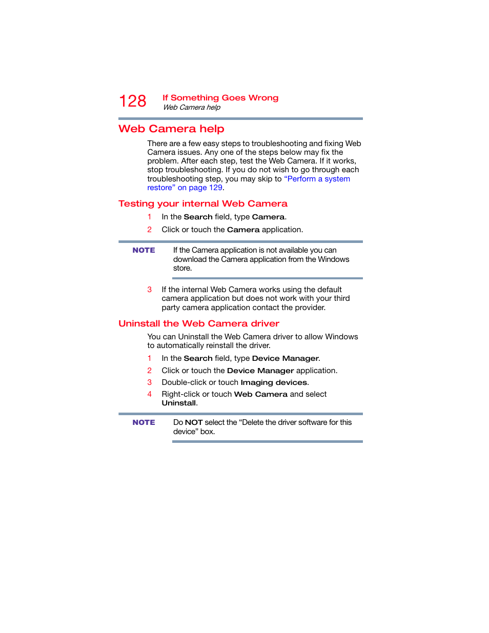 Web camera help, Testing your internal web camera, Uninstall the web camera driver | Toshiba DynaPad WT12PE-A64 User Manual | Page 128 / 177