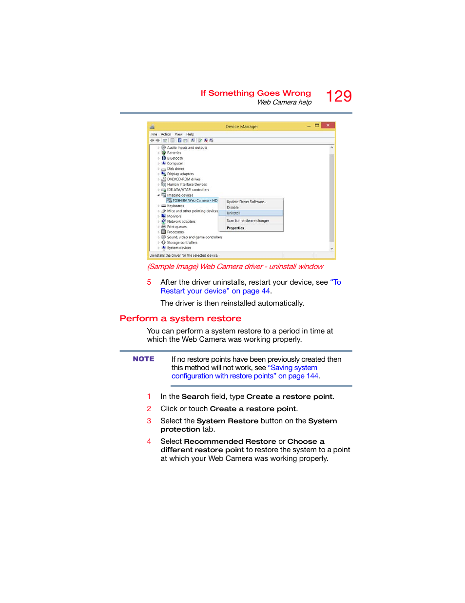 Perform a system restore, Perform a system | Toshiba DynaPad WT12PE-A64 User Manual | Page 129 / 177