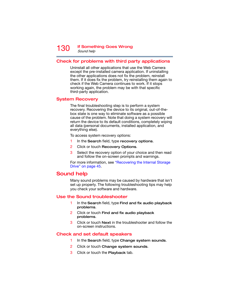 Check for problems with third party applications, System recovery, Sound help | Use the sound troubleshooter, Check and set default speakers, Check for problems with third party, Applications | Toshiba DynaPad WT12PE-A64 User Manual | Page 130 / 177