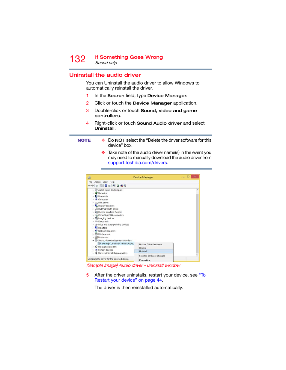 Uninstall the audio driver | Toshiba DynaPad WT12PE-A64 User Manual | Page 132 / 177