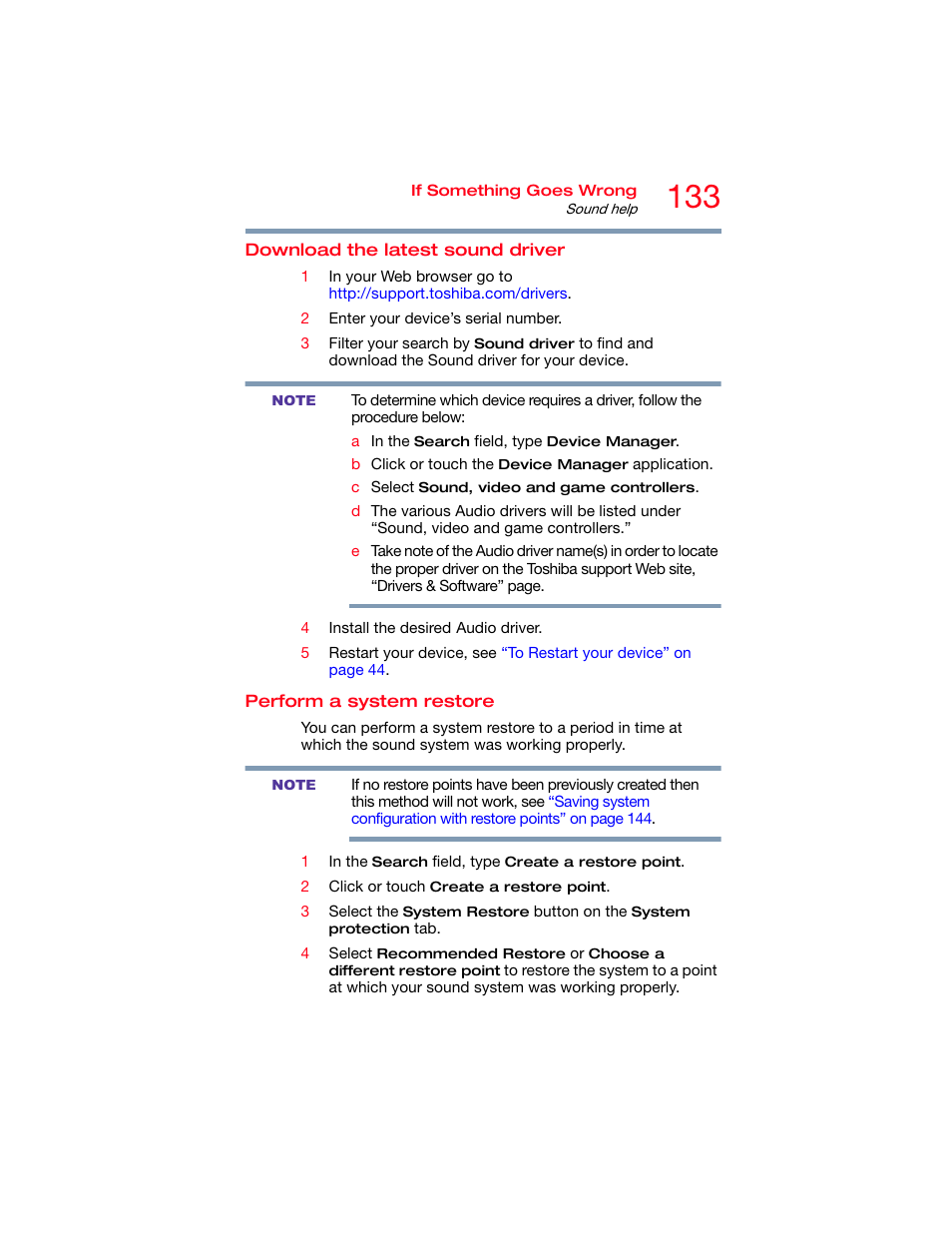 Download the latest sound driver, Perform a system restore | Toshiba DynaPad WT12PE-A64 User Manual | Page 133 / 177