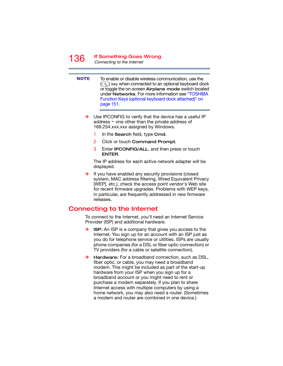 Connecting to the internet | Toshiba DynaPad WT12PE-A64 User Manual | Page 136 / 177