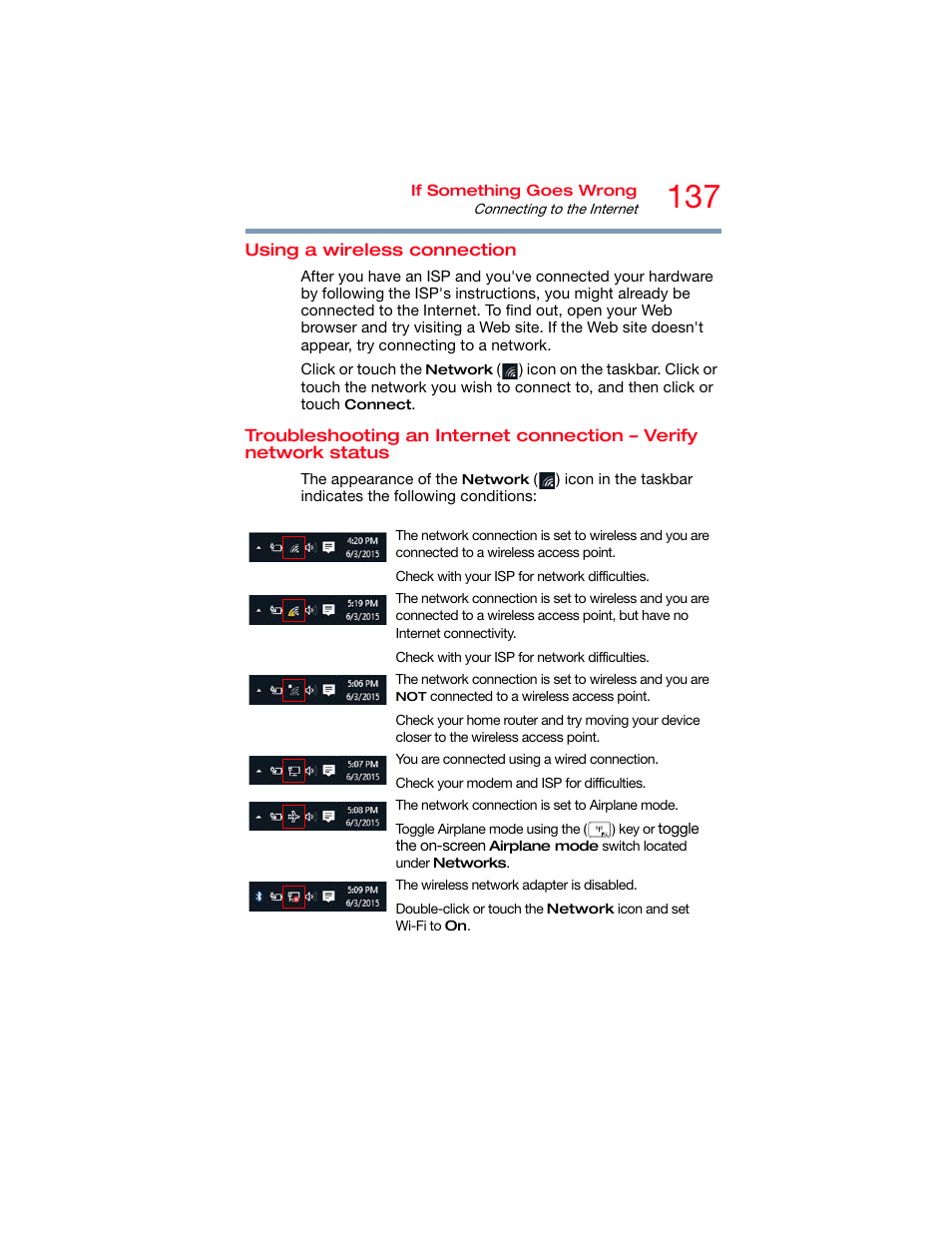 Using a wireless connection, Verify network status | Toshiba DynaPad WT12PE-A64 User Manual | Page 137 / 177