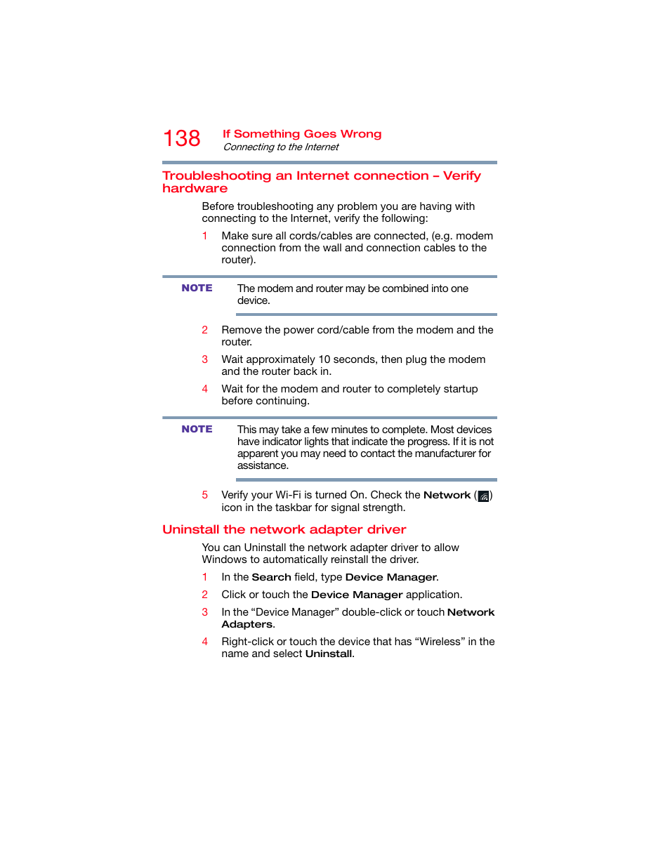 Uninstall the network adapter driver, Troubleshooting an internet connection, Verify hardware | Toshiba DynaPad WT12PE-A64 User Manual | Page 138 / 177