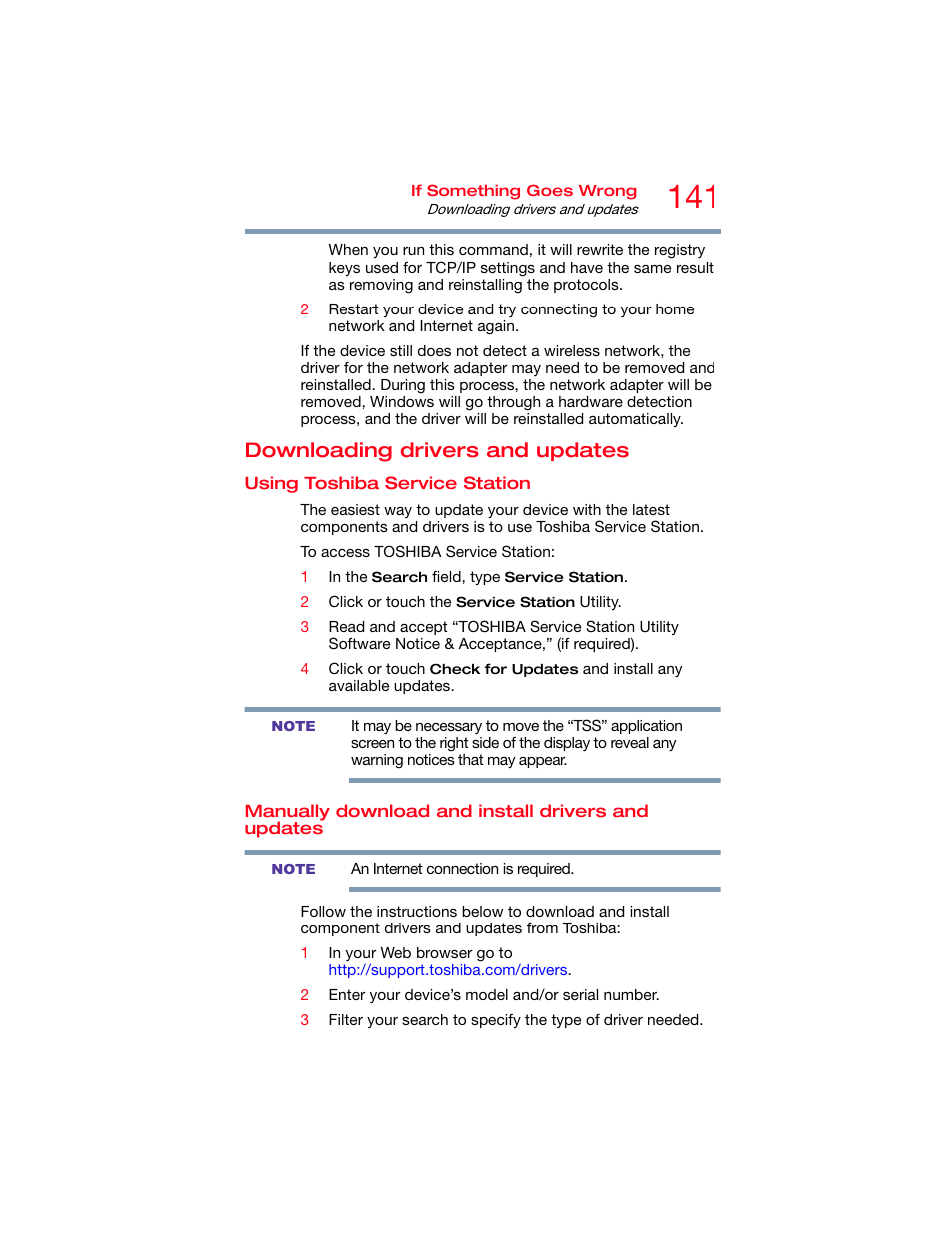 Downloading drivers and updates, Using toshiba service station, Manually download and install drivers and updates | And updates | Toshiba DynaPad WT12PE-A64 User Manual | Page 141 / 177