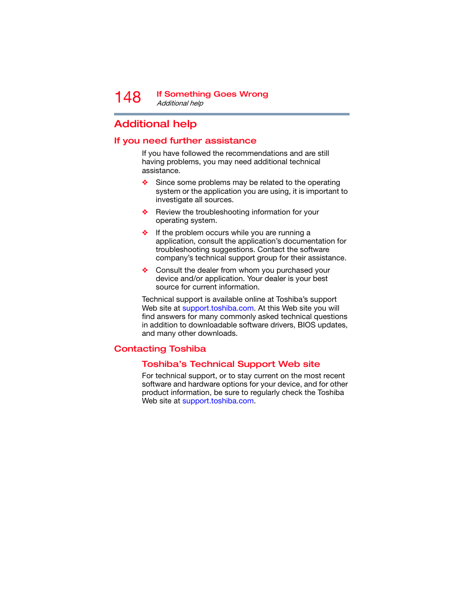 Additional help, If you need further assistance, Contacting toshiba | If you need further assistance contacting toshiba | Toshiba DynaPad WT12PE-A64 User Manual | Page 148 / 177