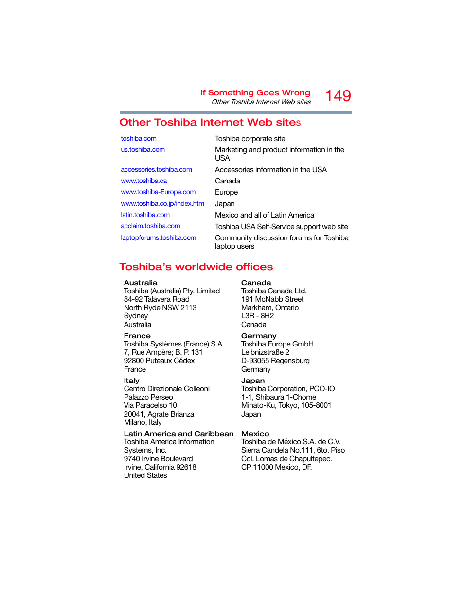 Other toshiba internet web sites, Toshiba’s worldwide offices | Toshiba DynaPad WT12PE-A64 User Manual | Page 149 / 177