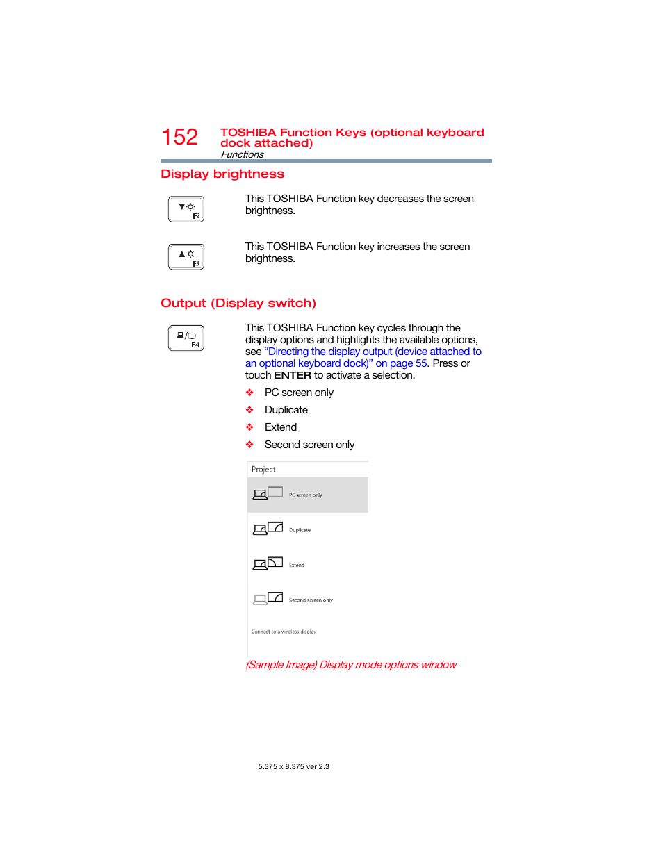 Display brightness, Output (display switch), Display brightness output (display switch) | Toshiba DynaPad WT12PE-A64 User Manual | Page 152 / 177