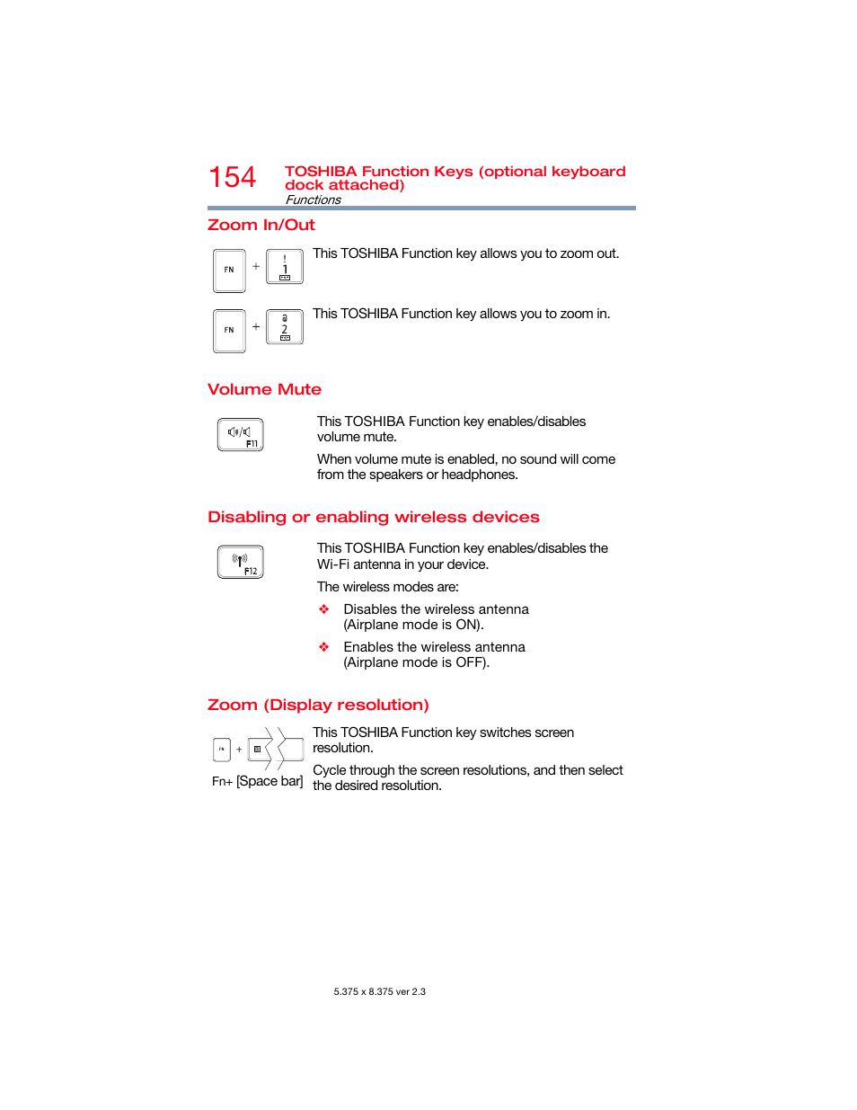 Zoom in/out, Volume mute, Disabling or enabling wireless devices | Zoom (display resolution) | Toshiba DynaPad WT12PE-A64 User Manual | Page 154 / 177