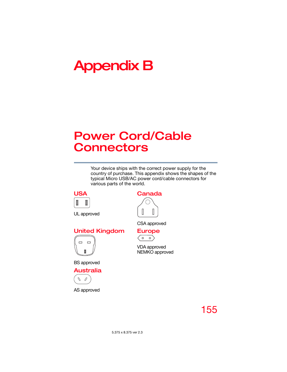 Appendix b: power cord/cable connectors, Appendix b, Power cord/cable connectors | Toshiba DynaPad WT12PE-A64 User Manual | Page 155 / 177