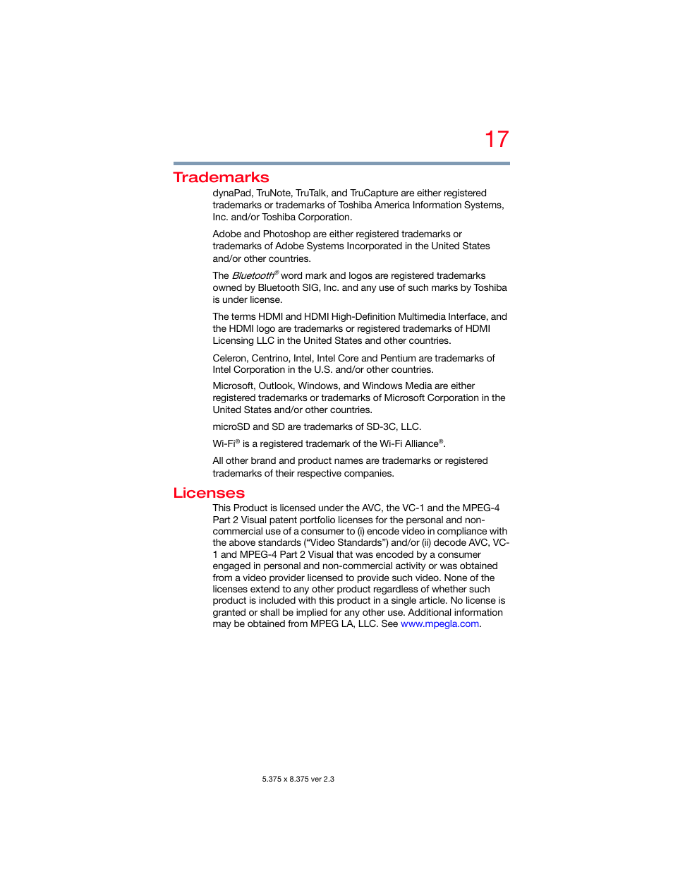 Trademarks, Licenses | Toshiba DynaPad WT12PE-A64 User Manual | Page 17 / 177