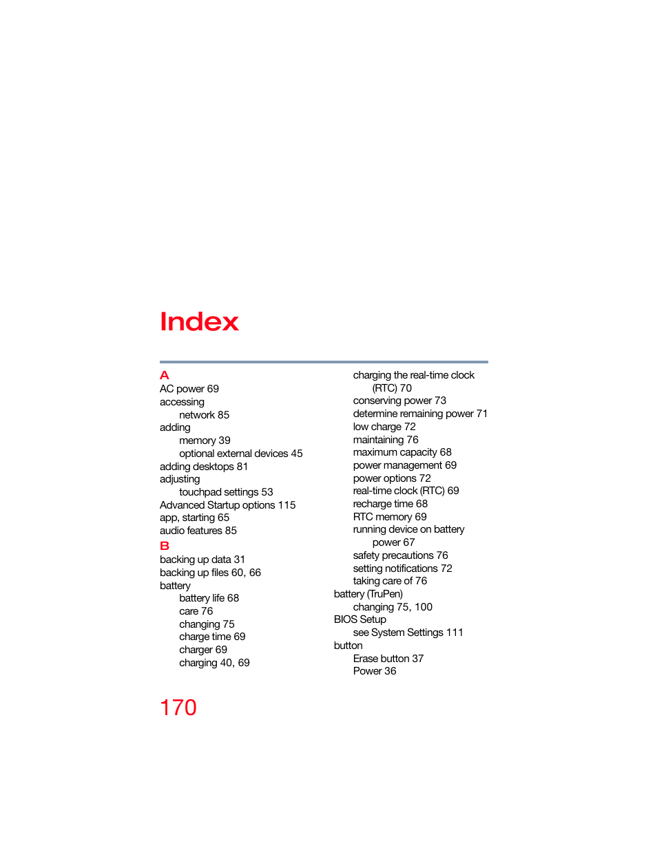 Index | Toshiba DynaPad WT12PE-A64 User Manual | Page 170 / 177