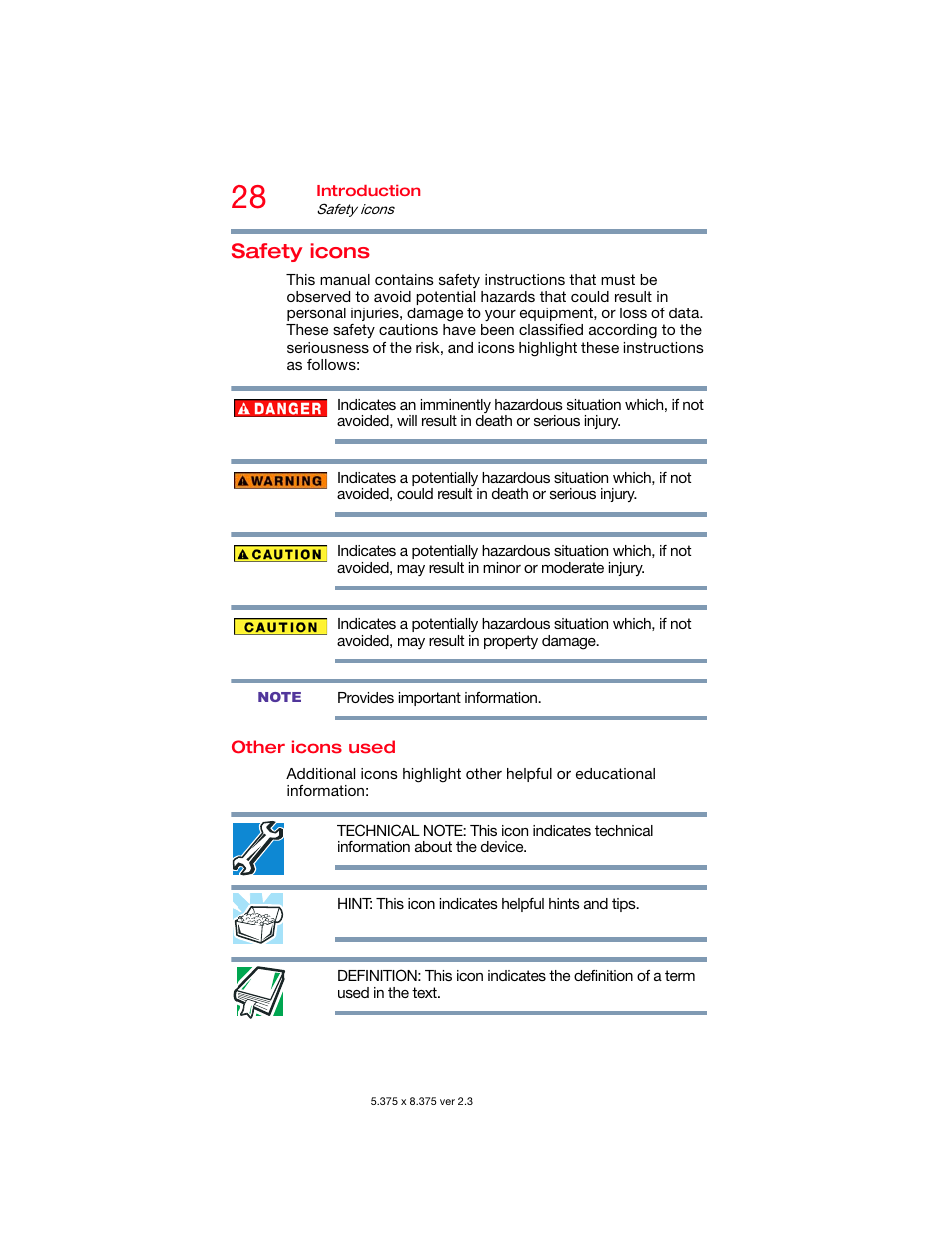 Safety icons, Other icons used | Toshiba DynaPad WT12PE-A64 User Manual | Page 28 / 177