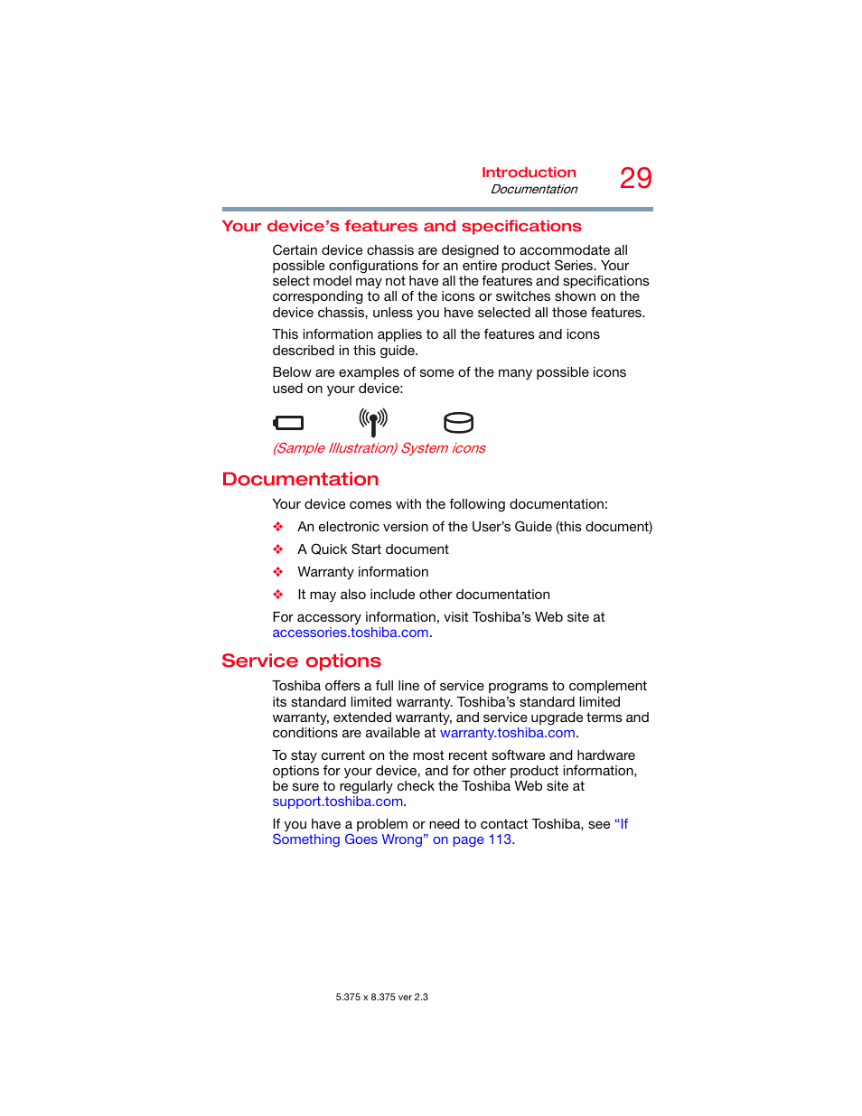 Your device’s features and specifications, Documentation, Service options | Documentation service options | Toshiba DynaPad WT12PE-A64 User Manual | Page 29 / 177