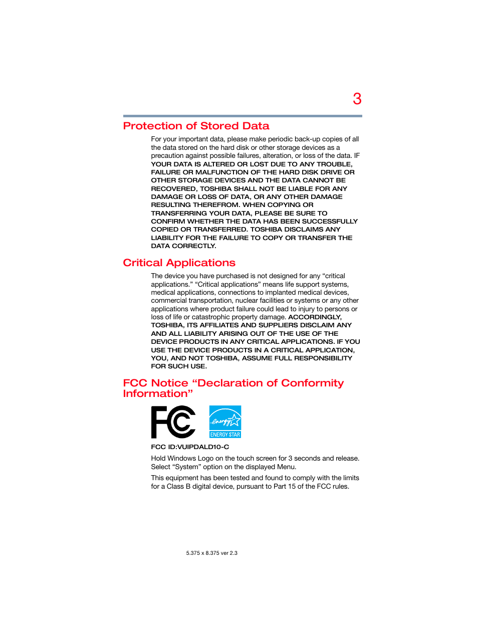 Protection of stored data, Critical applications, Fcc notice “declaration of conformity information | Toshiba DynaPad WT12PE-A64 User Manual | Page 3 / 177