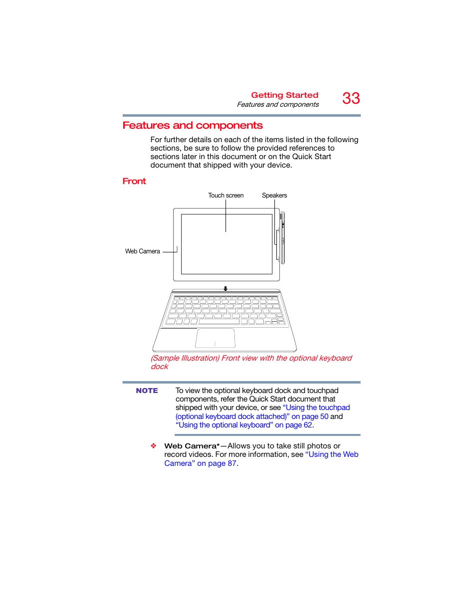 Features and components, Front | Toshiba DynaPad WT12PE-A64 User Manual | Page 33 / 177